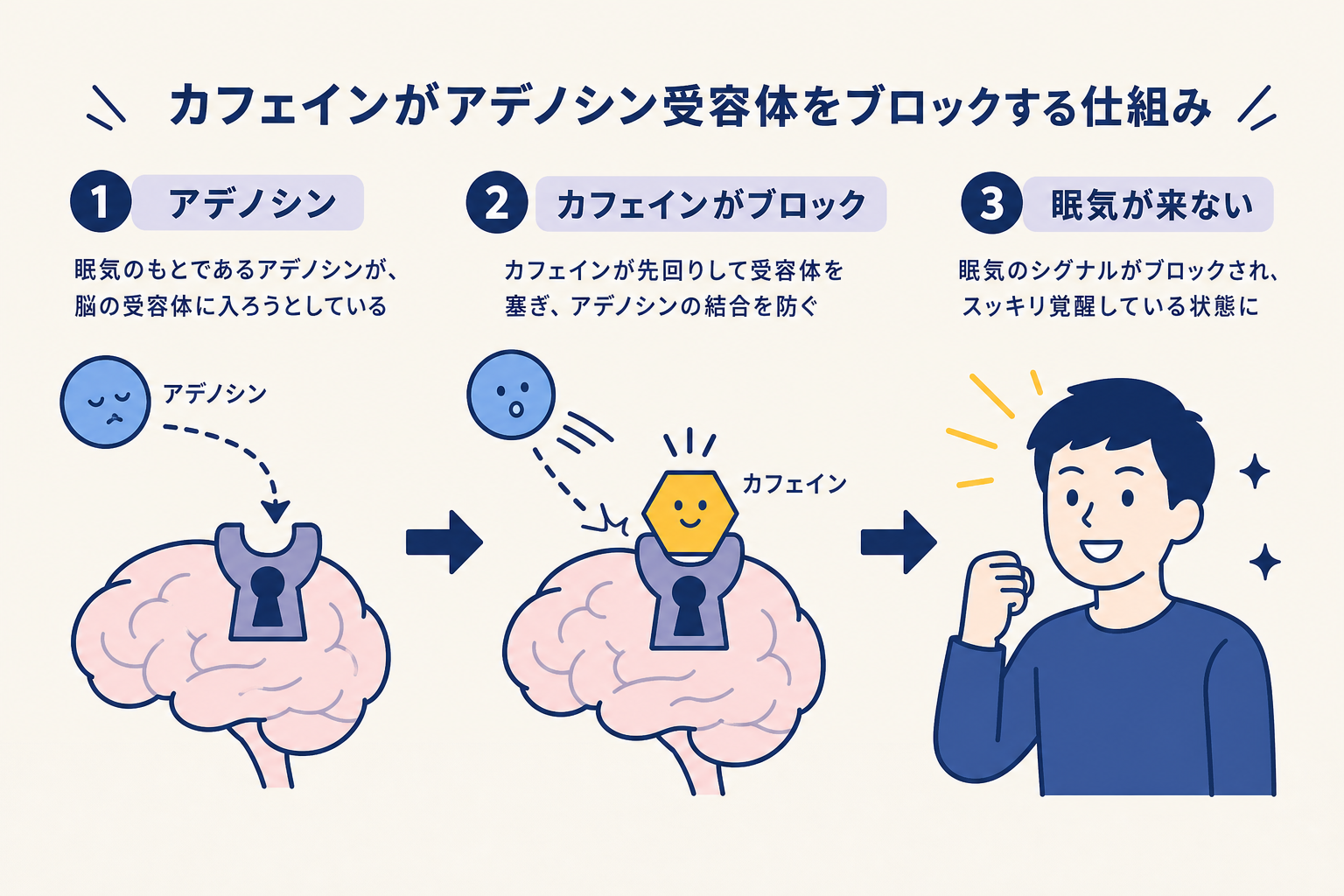 カフェインがアデノシン受容体をブロックする仕組みを3ステップで表現した横長の図。左から右に矢印でつながれた3つの場面。左：眠気のもとであるアデノシン（青い丸）が脳の受容体（鍵穴のような形）に入ろうとしている場面。中央：カフェイン（黄色い六角形）が先回りして受容体を塞いでいる場面。アデノシンは弾かれている。右：眠気のシグナルがブロックされ、スッキリ覚醒している人のイラスト。各ステップは矢印でつながれ、簡潔なラベル（「アデノシン」「カフェインがブロック」「眠気が来ない」）を添える。
