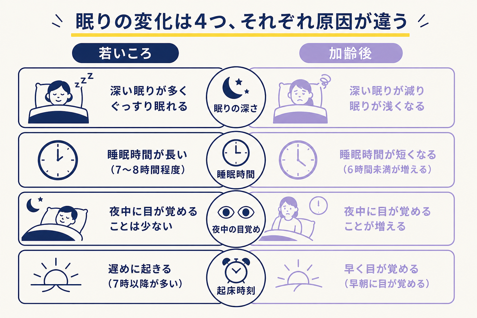 縦並び4行の比較図。各行を左右2列に分け、左列「若いころ」・右列「加齢後」で対比。4行はそれぞれ「眠りの深さ」「睡眠時間」「夜中の目覚め」「起床時刻」に対応し、状態の違いをシンプルなフラットアイコンで表現。左列はネイビー、右列はラベンダー。背景クリーム。図の上部に結論テキスト「眠りの変化は4つ、それぞれ原因が違う」を表示。