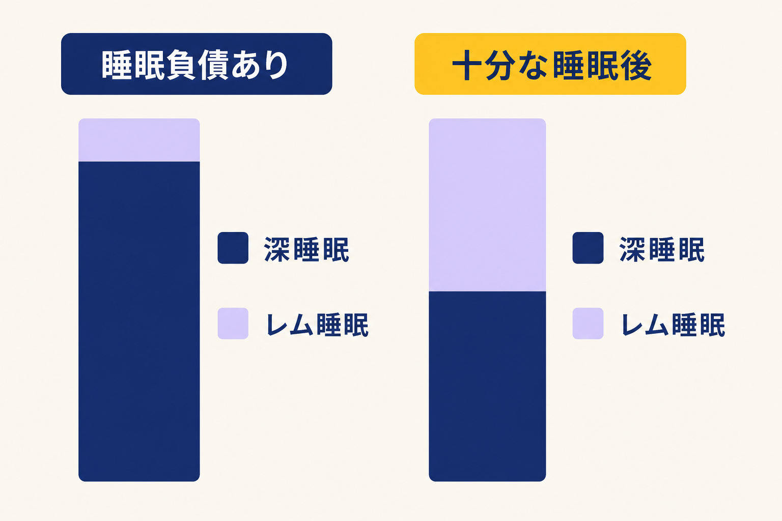 左右2パネルの比較図。左パネルは「睡眠負債あり」、右パネルは「十分な睡眠後」のラベル付き。それぞれに睡眠の棒グラフを縦に積み上げたイメージ。左パネルは深いノンレム睡眠（ネイビー）の比率が大きく、レム睡眠（ラベンダー）が小さい。右パネルはレム睡眠の比率が増えてバランスが取れている。背景はクリーム。テキストラベルは「深睡眠」「レム睡眠」の2語のみ、スマホで読める大きさで記載。