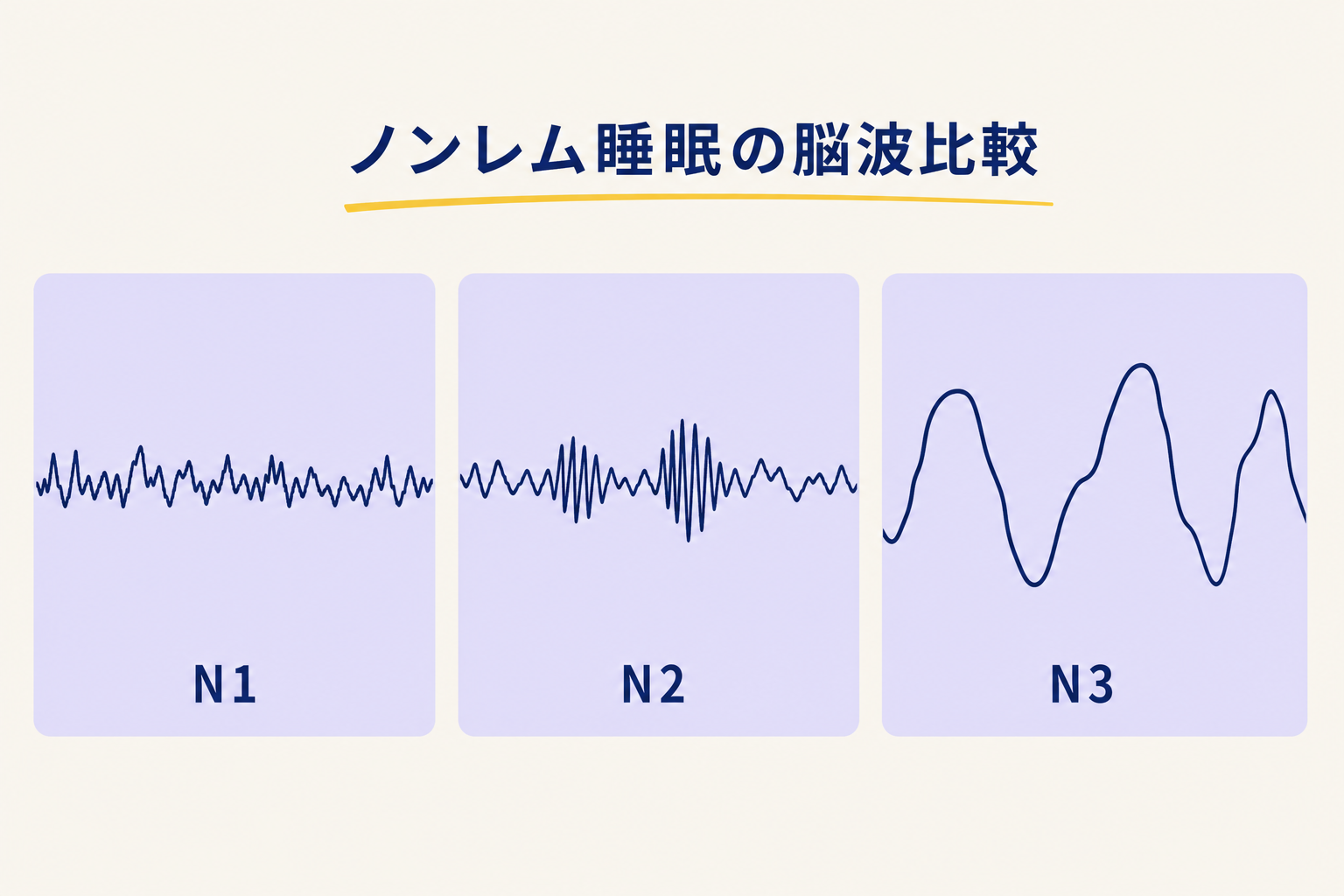 3段の横並び波形比較図。左からN1（中程度の細かい波・シータ波）、N2（中程度の波に短い紡錘状のバーストが重なる）、N3（大きくゆったりしたデルタ波）。各パネルはラベンダー背景、波形はネイビー。波形の下に小さくステージ名（N1・N2・N3）のみ記載。図の上にタイトル名を表示。グリッドや数値は不要、波の形の違いだけを視覚的に伝える。